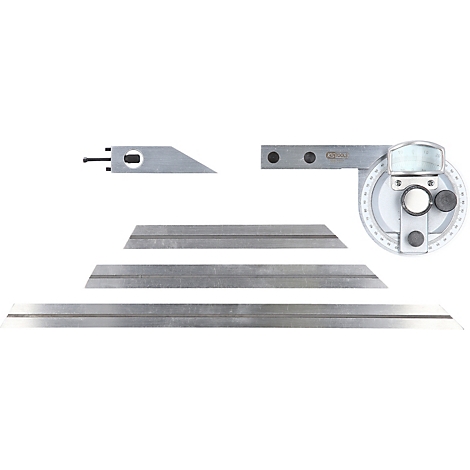 Metallehre mit verschiedenen Winkeleinstellungen, digitalem Display und mehreren Klingen.